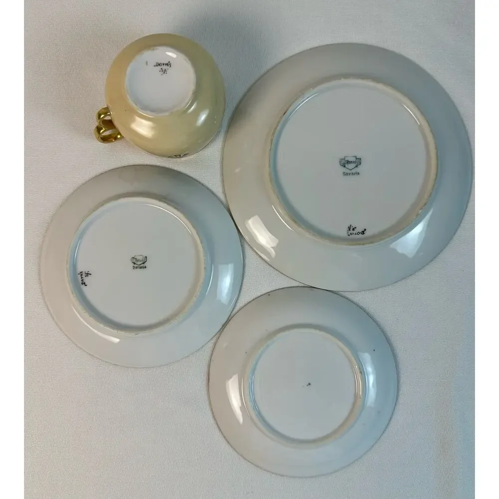 Thomas Bavaria Art Nouveau 4 Piece Luncheon Set Yellow w Flowers & Gold Trim VG
